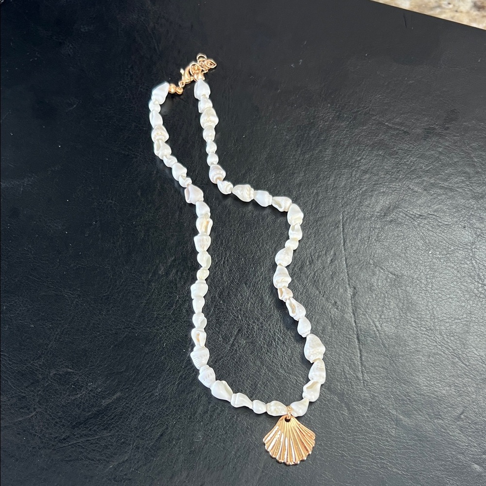 Trendy boutique White Pearl Necklace with Gold Shell Charm